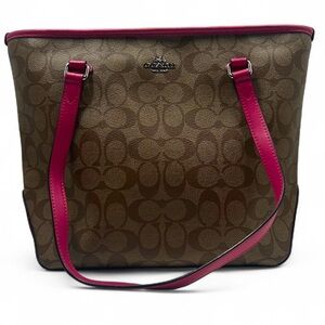 COACH SIGNATURE BROWN w/ FUCHSIA /PINK LEATHER ZIP TOP TOTE SHOULDER HANDBAG